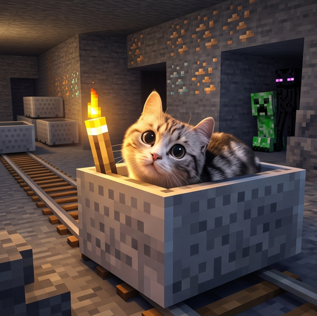 Trolley Cat rolling through a mineshaft past a creeper and an enderman