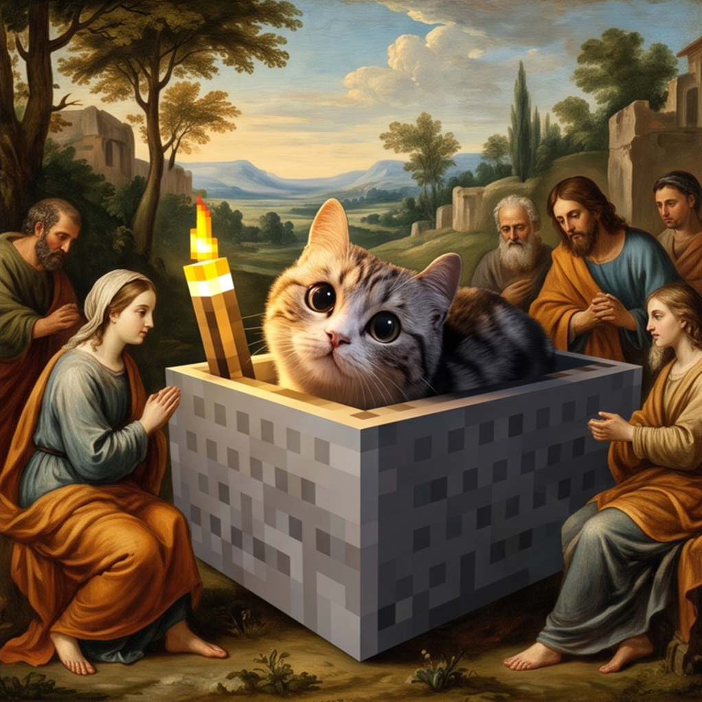 Trolley Cat in the middle of a renaissance painting surrounded by saints